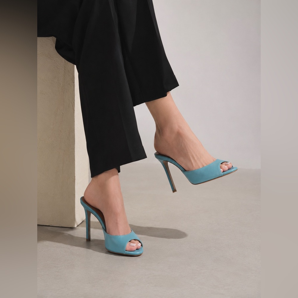 LERRE Turquoise Blue Leather Open Toe Mule Heels | Stiletto Slide Sandals
